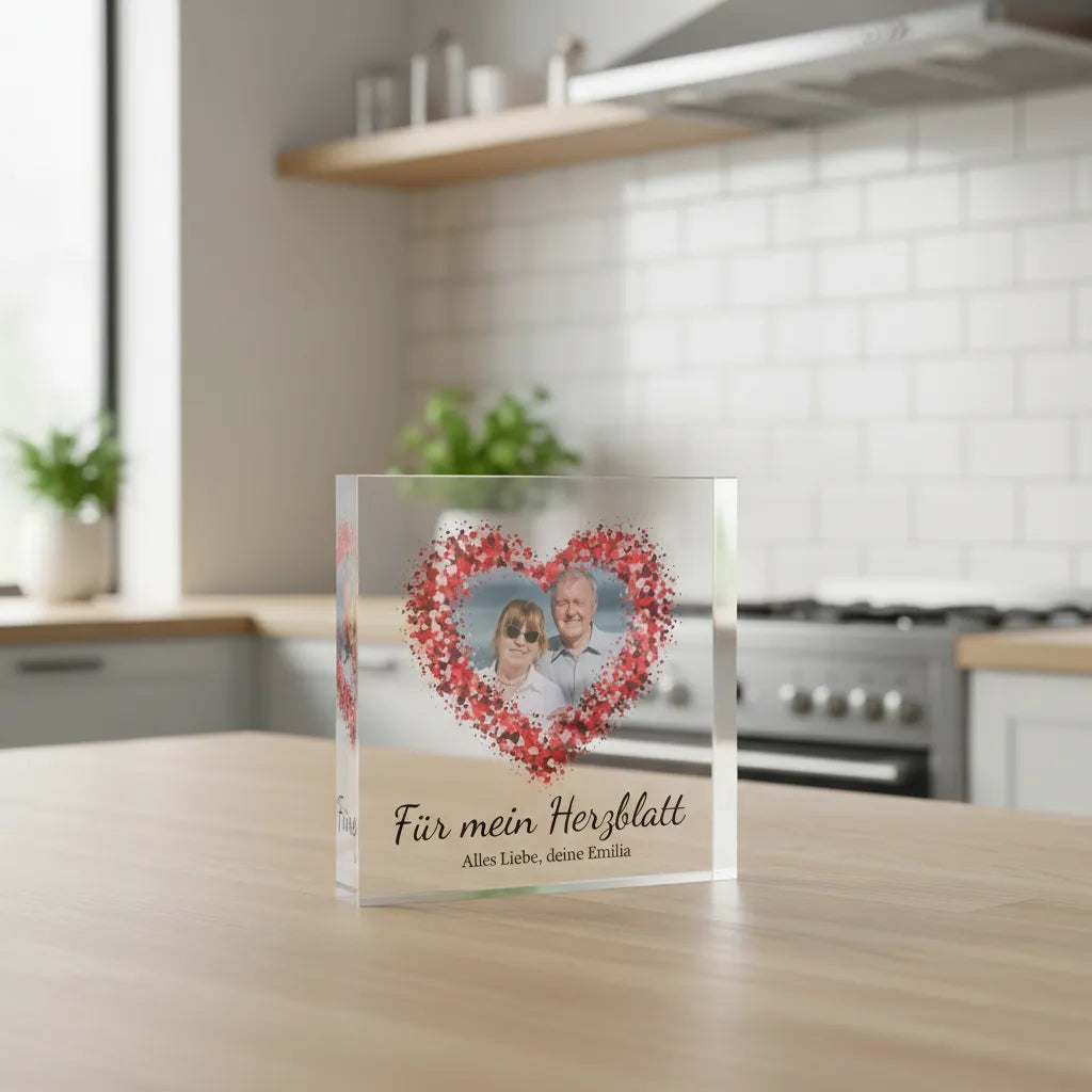 Foto auf Acrylblock | Herzdesign mit eigenem Text