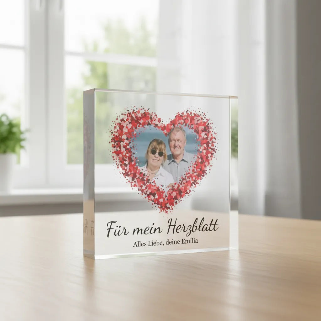 Foto auf Acrylblock | Herzdesign mit eigenem Text