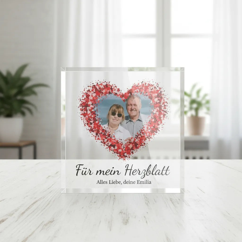 Foto auf Acrylblock | Herzdesign mit eigenem Text