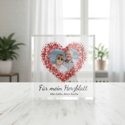 Foto auf Acrylblock | Herzdesign mit eigenem Text