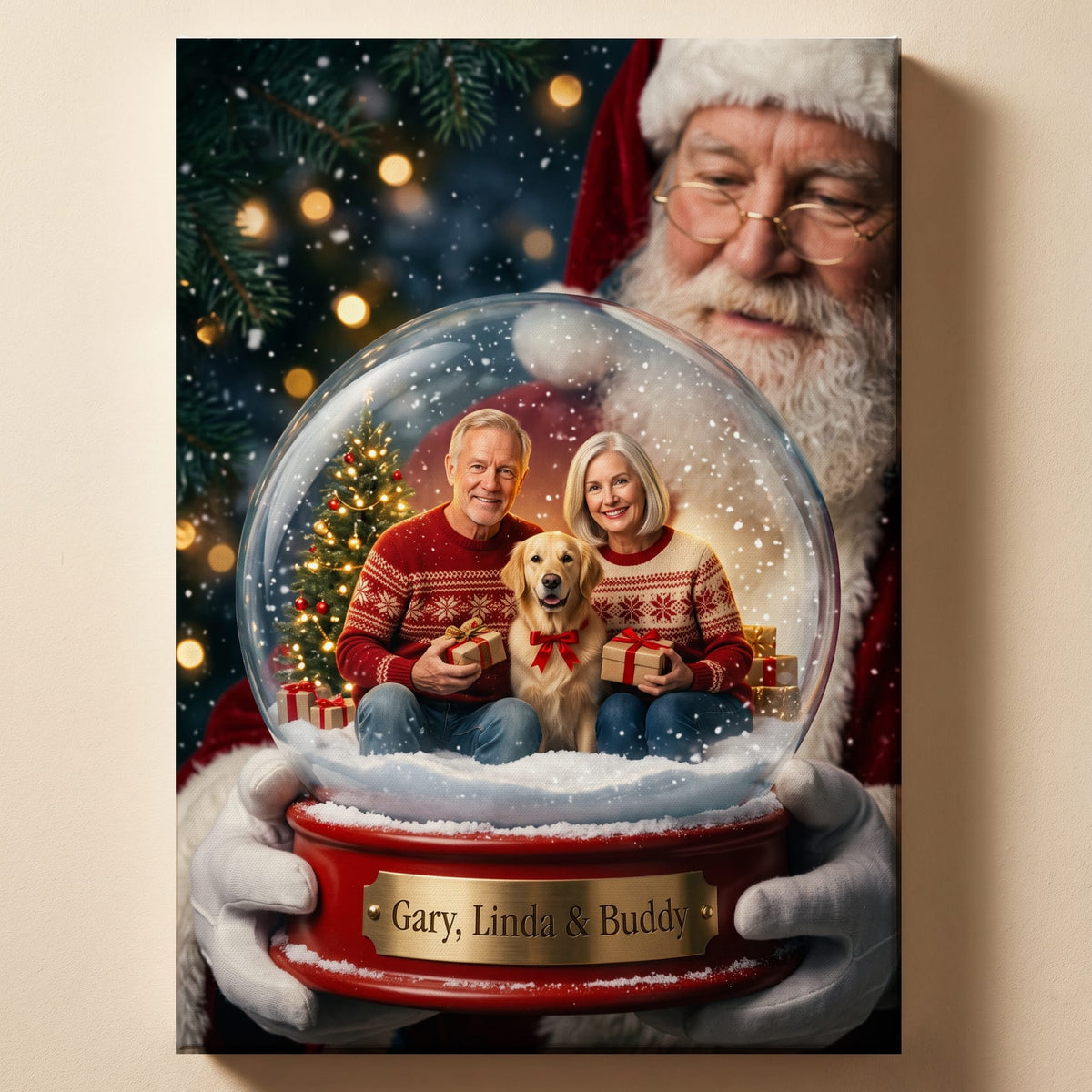 Personalized Christmas snow globe portrait shown on canvas