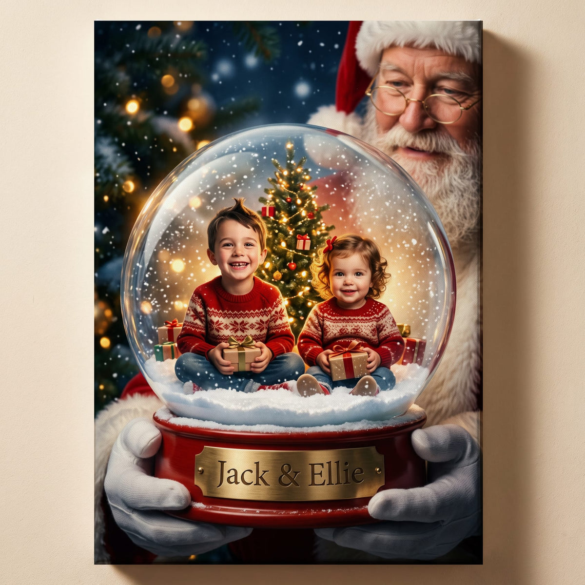 Personalized Christmas snow globe portrait shown on canvas