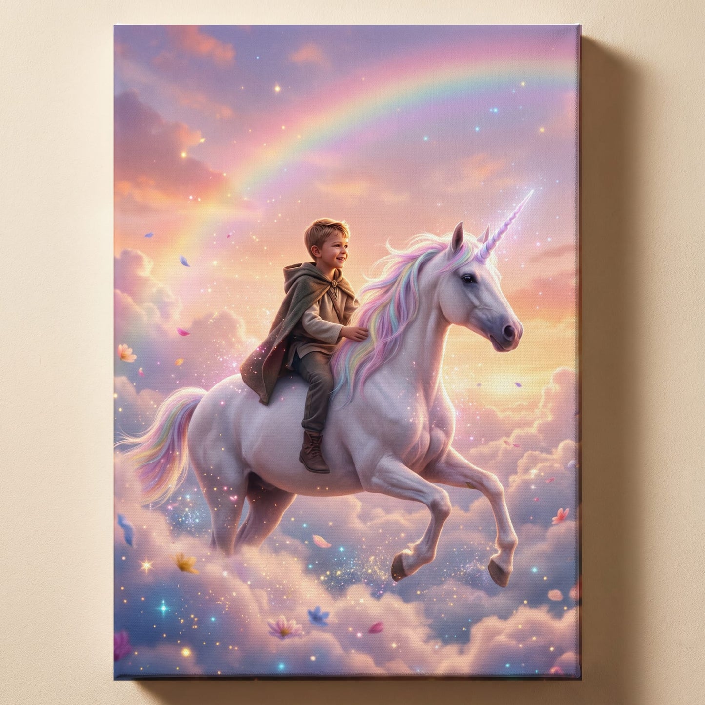 Personalized unicorn rider artwork shown on canvas