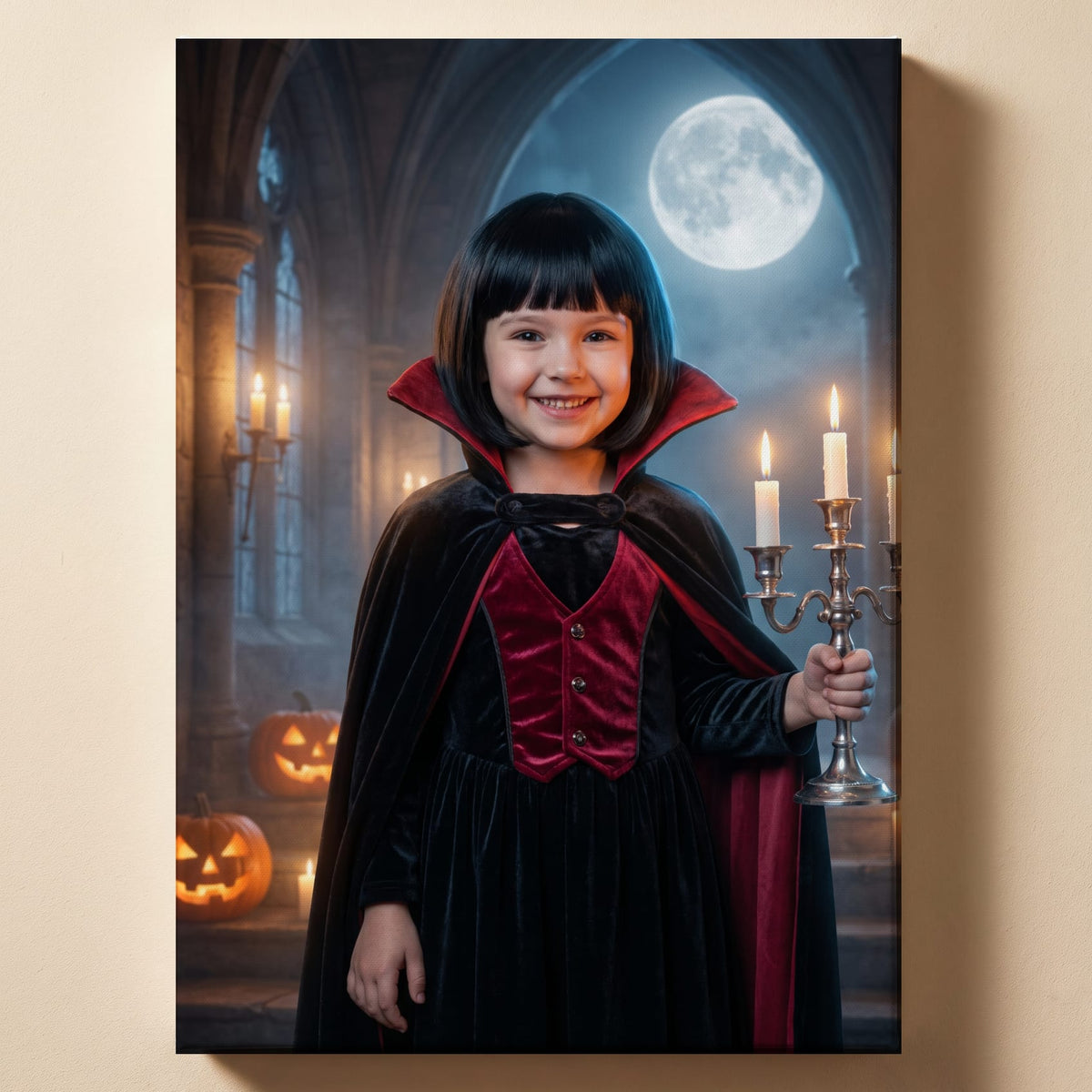 Personalized friendly vampire Halloween artwork shown on canvas