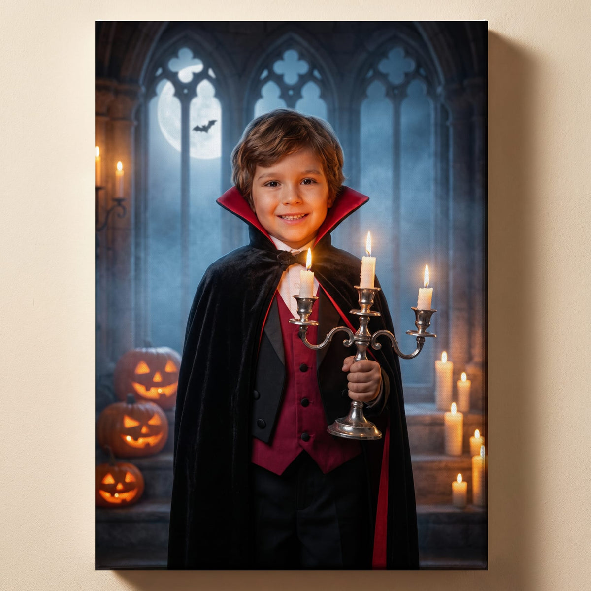 Personalized friendly vampire Halloween artwork shown on canvas