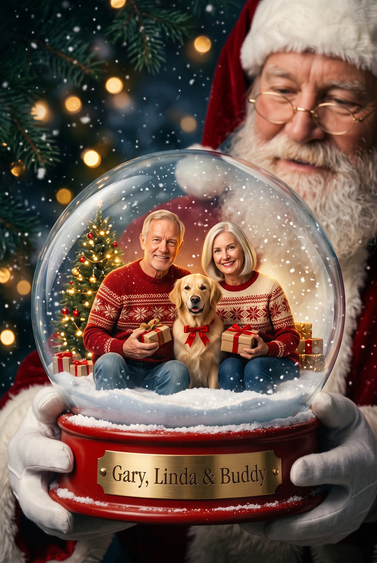 Personalized Christmas snow globe portrait shown on canvas