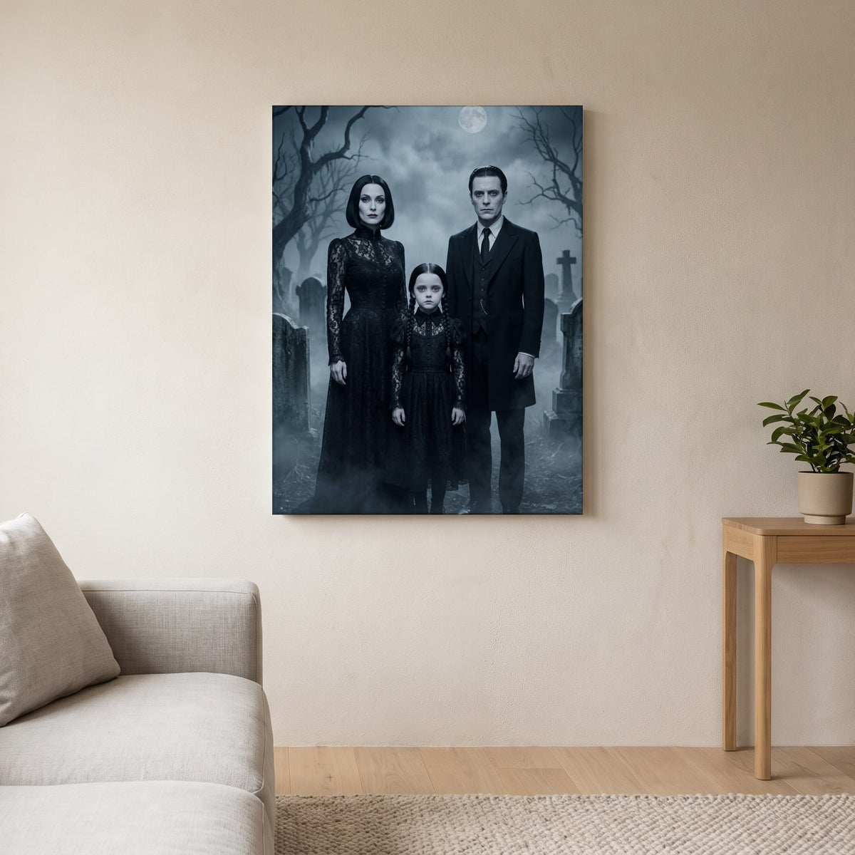 Personalized spooky gothic family portrait shown on canvas