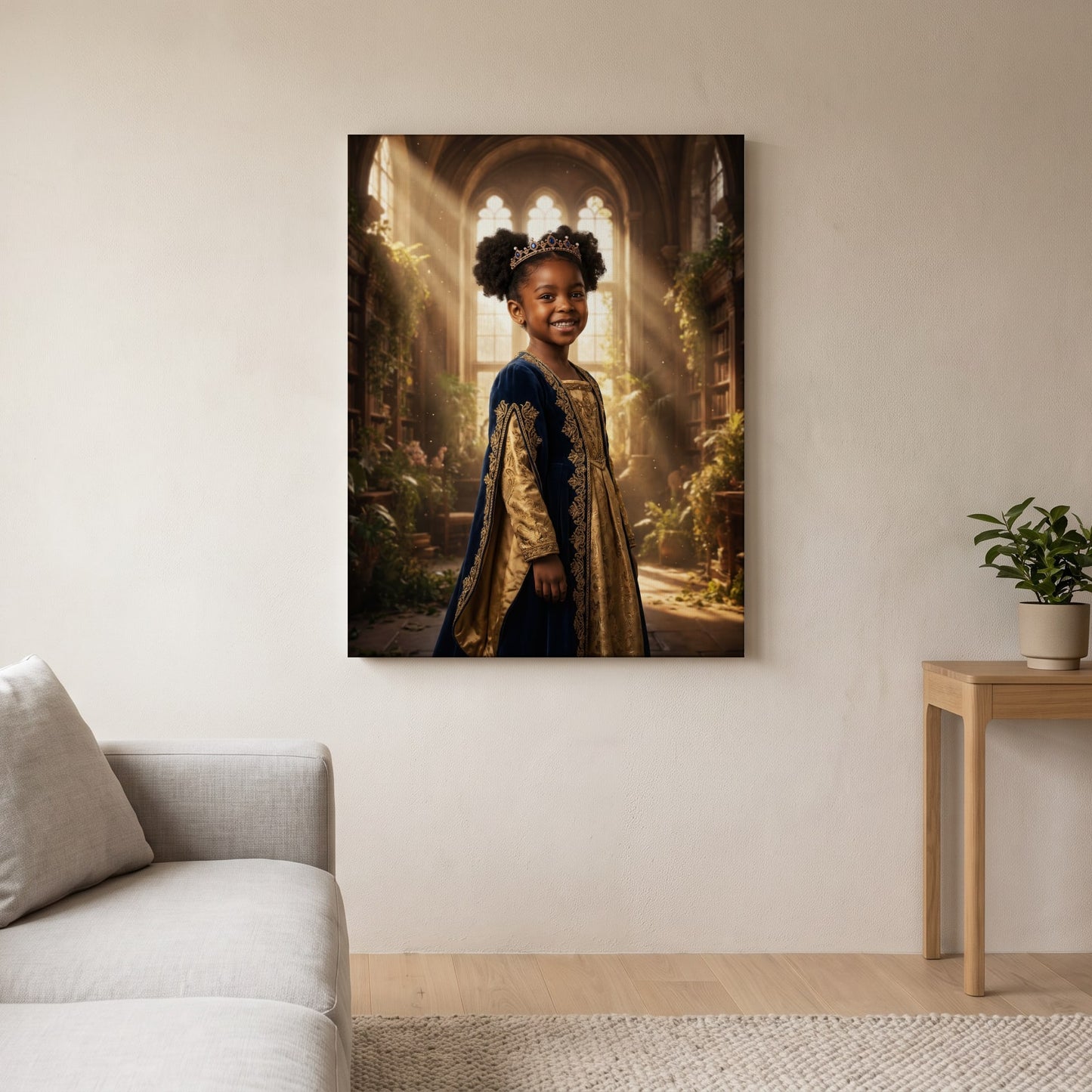 Personalized royal portrait artwork shown on canvas