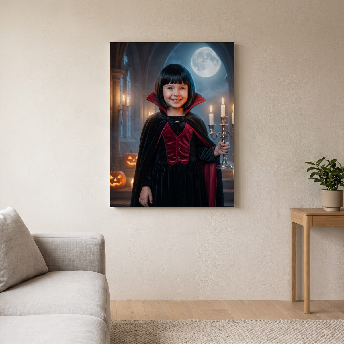 Personalized friendly vampire Halloween artwork shown on canvas