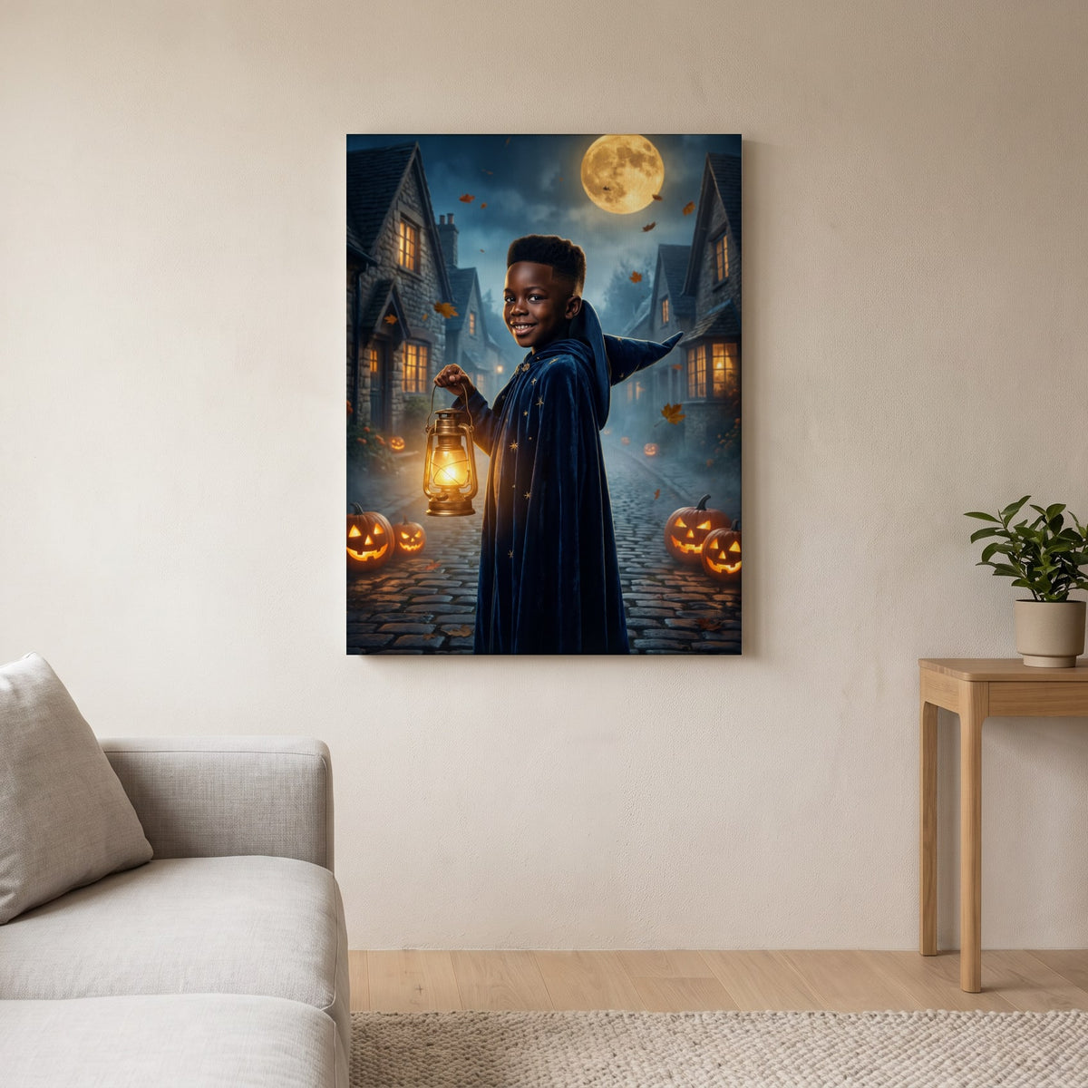 Personalized witch and wizard Halloween artwork shown on canvas