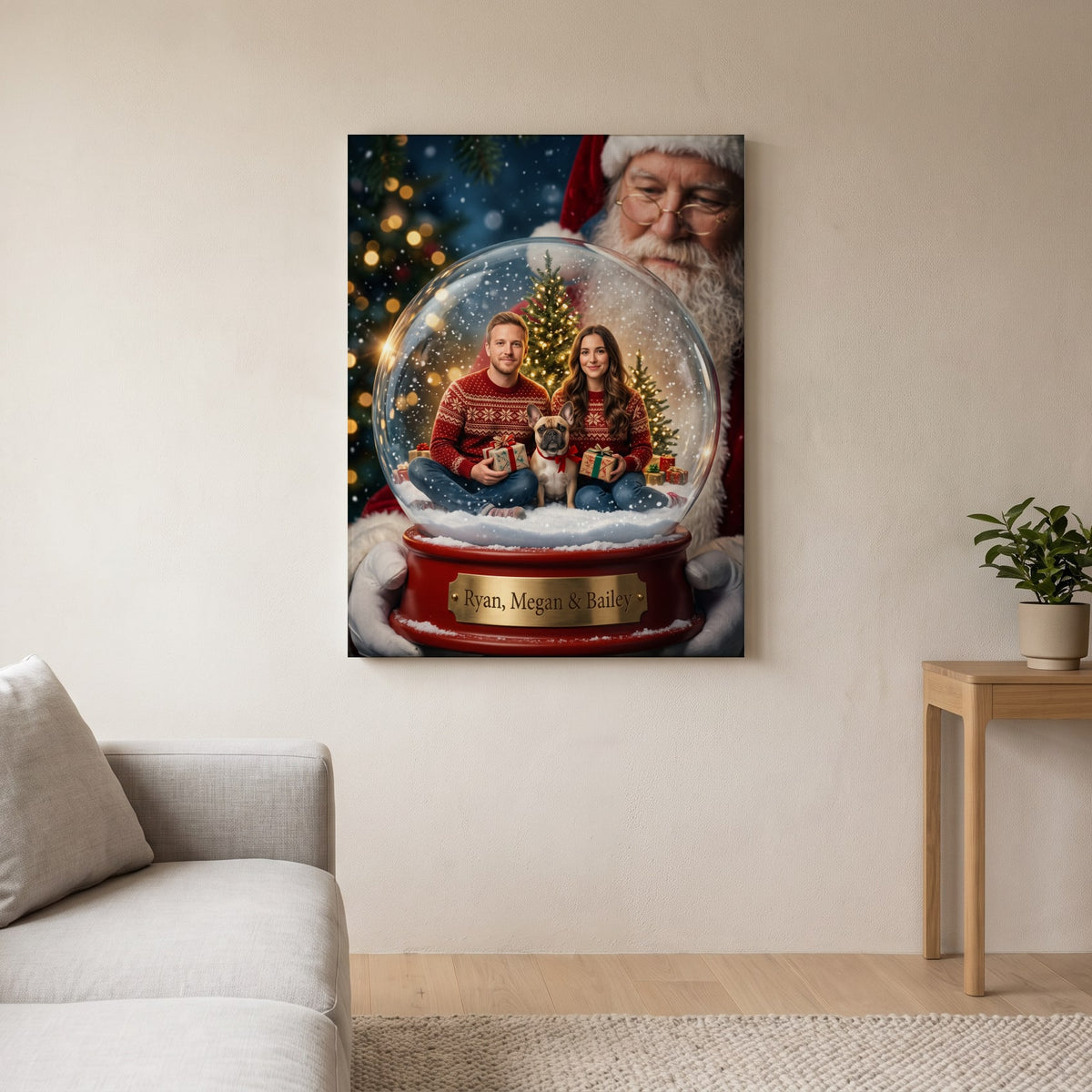 Personalized Christmas snow globe portrait shown on canvas
